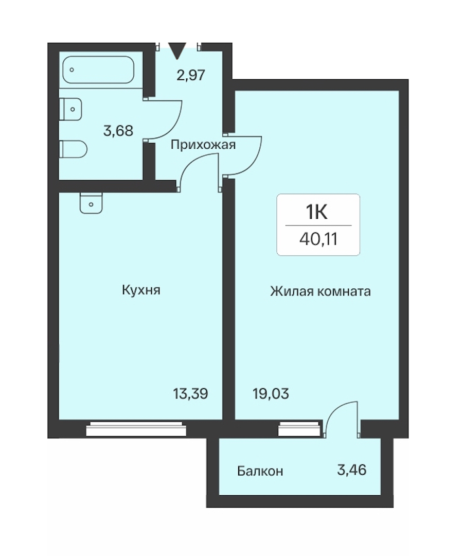 1-комнатная квартира 40.11 м², 9/9 эт., ЖК «Расцветай в Янино»